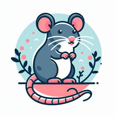 Cute cartoon mouse on a branch with leaves. Vector illustration.のイラスト素材