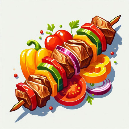 Shish kebab on skewers with vegetables. Vector illustration.のイラスト素材