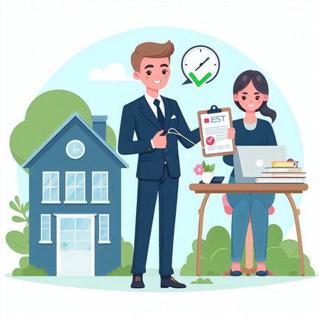 Real estate agent and buyer in the background of a house. Vector illustrationのイラスト素材