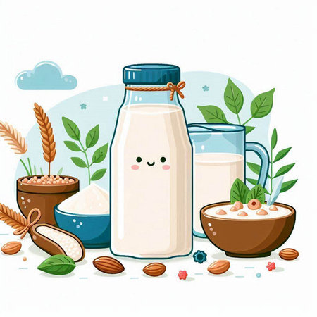 Milk in a bottle, oatmeal, oat flakes, nuts. Vector illustration.のイラスト素材