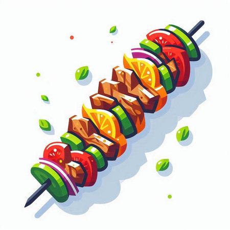 Shish kebab on skewers with vegetables. Vector illustrationのイラスト素材