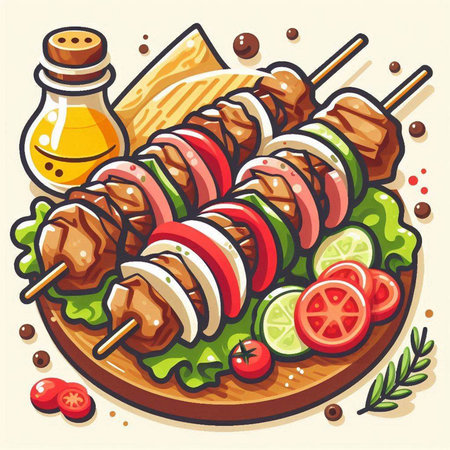 Shish kebab on skewers with vegetables. Vector illustrationのイラスト素材