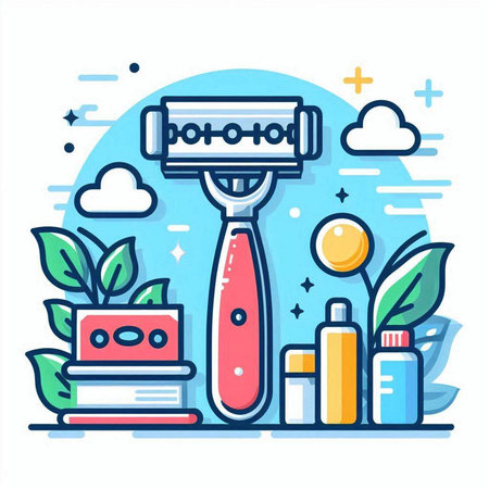 Razor and shaving accessories. Vector illustration in thin line style.のイラスト素材