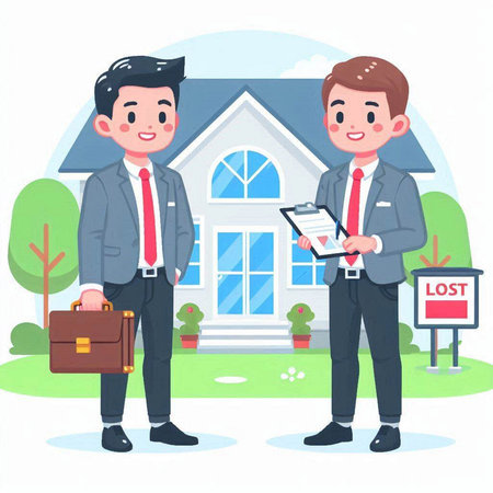 Real estate agent and buyer in front of the house. Vector illustration.のイラスト素材