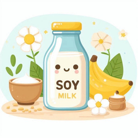Illustration of a bottle of soy milk with ingredients in the backgroundのイラスト素材