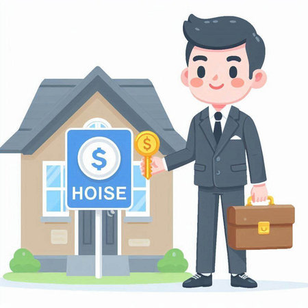 Real estate agent giving house keys to a client. Vector illustration.のイラスト素材