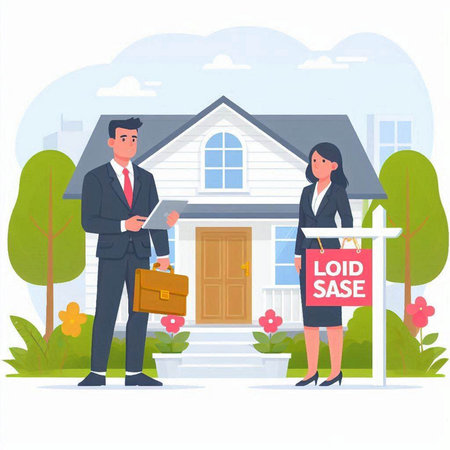 Real estate agent and buyer in front of a new house. Vector illustrationのイラスト素材