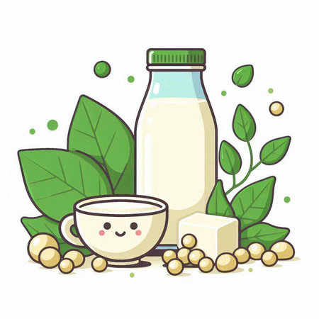 Illustration of a bottle of soy milk and fresh green leaves.のイラスト素材
