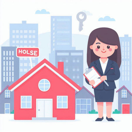 Real estate agent with house and key. Vector illustration in cartoon styleのイラスト素材