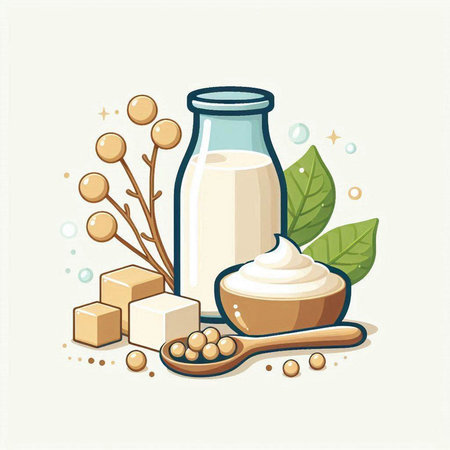 Illustration of a set of dairy products. Milk, sour cream, soybeans, sugar cubes. Vector illustrationのイラスト素材