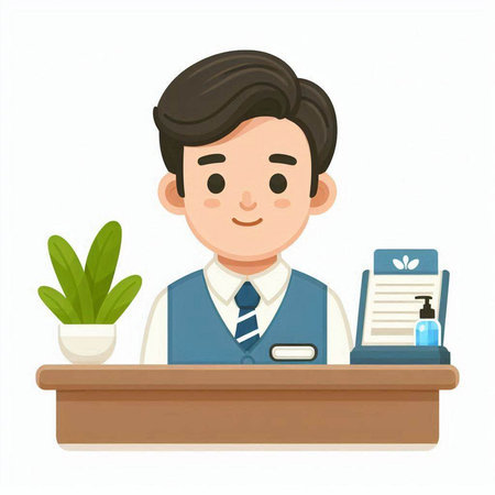 Illustration of a male receptionist at the reception desk with a clipboardのイラスト素材