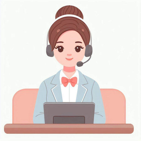 Female customer support operator with headset and laptop. Flat style vector illustration.のイラスト素材