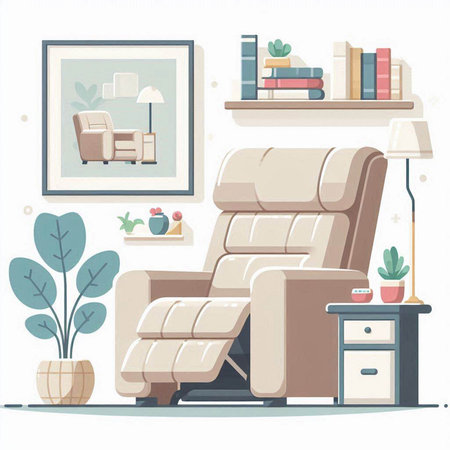 Living room interior with armchair, bookshelf and plants. Vector illustrationのイラスト素材