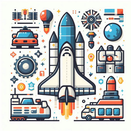 Vector flat line art illustration of spaceship, rocket, ship, ship, plane, car, ship, firecracker, binoculars and other elements.のイラスト素材