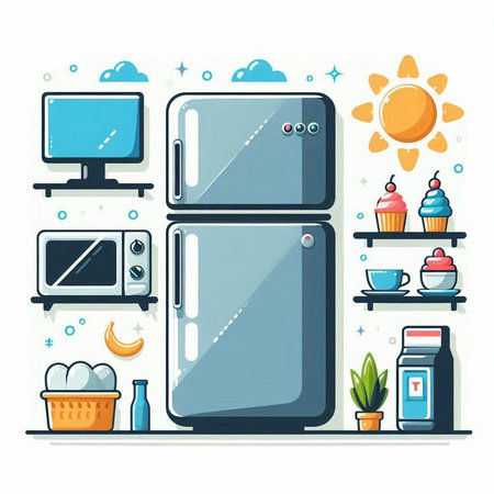 Home appliances. Refrigerator, fridge, microwave, coffee cup, microwave, microwave, oven, fridge, microwave. Modern flat vector illustration.のイラスト素材