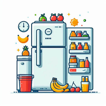 Refrigerator, fridge with fruits and drinks. Vector illustration.のイラスト素材