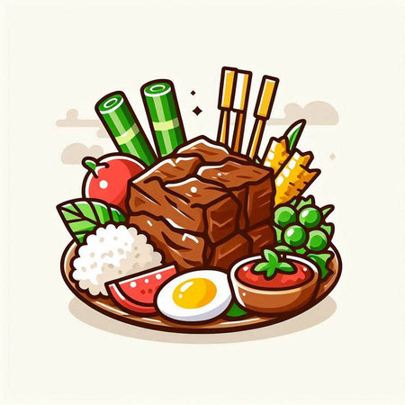 Illustration of a Japanese Cuisine - Steak with Rice and Vegetablesのイラスト素材