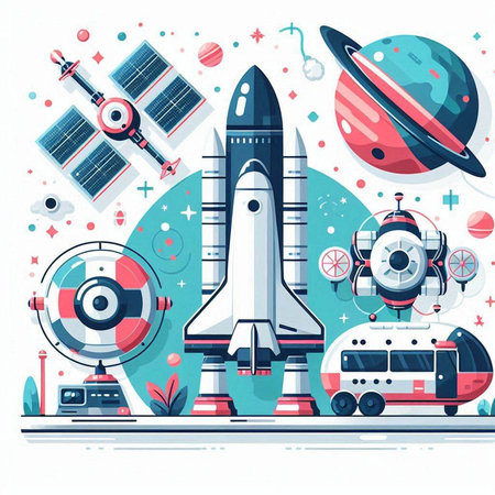Space exploration flat vector illustration. Spaceship, rocket, spaceship, alien, spaceship, solar system, satellite, ship, rocket, astronaut helmet and other objects.のイラスト素材