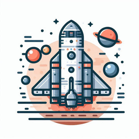 Space rocket and planets. Vector illustration in flat linear style on white background.のイラスト素材
