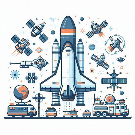Space exploration, rocket, satellite and space station, vector illustration.のイラスト素材