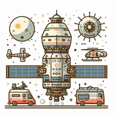 Space station. Vector illustration in flat linear style. Astronaut, space ship, rocket, satellite, moon, stars.のイラスト素材
