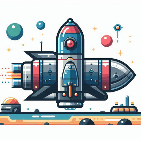 Space ship in flat style. Cartoon vector illustration. Spaceship in space.のイラスト素材