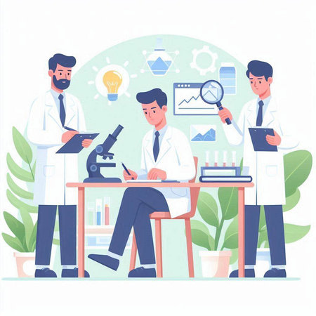 Male scientists working with microscope in laboratory. Vector illustration in flat styleのイラスト素材