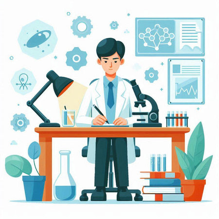 Scientist working in laboratory. Vector illustration in flat cartoon style.のイラスト素材