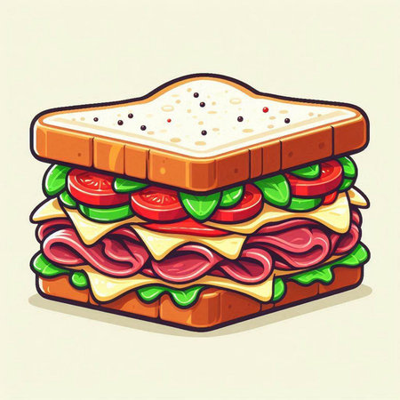 Sandwich with ham, cheese, tomato and lettuce. Vector illustration.のイラスト素材