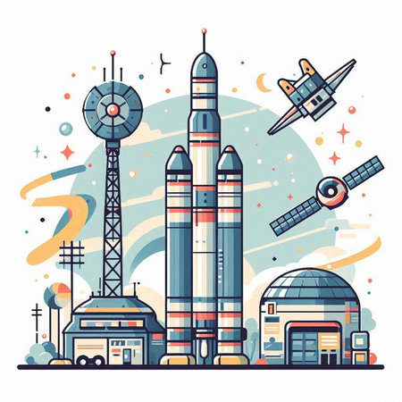 Space travel concept. Vector illustration in flat cartoon style. Spaceship, rocket, ship, station, spaceship, plane, train, UFO, spaceship, planet.のイラスト素材