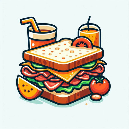 Sandwich with ham, cheese, tomato and juice. Vector illustration.のイラスト素材