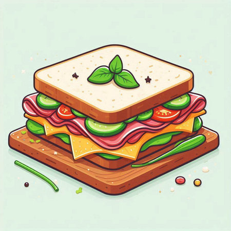Sandwich with ham, cheese, tomato and basil. Vector illustration.のイラスト素材