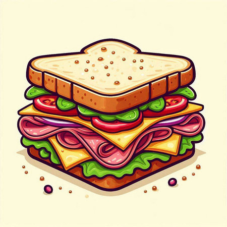 Sandwich with ham, cheese, tomato and lettuce. Vector illustration.のイラスト素材