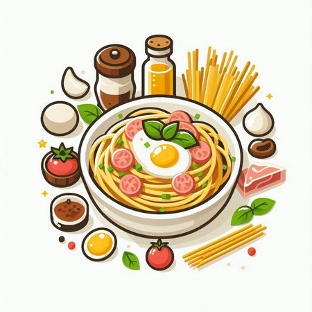 Spaghetti with egg, tomato and basil in bowl. Vector illustrationのイラスト素材
