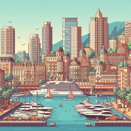 Cityscape with yachts and boats on the water. Vector illustration.のイラスト素材