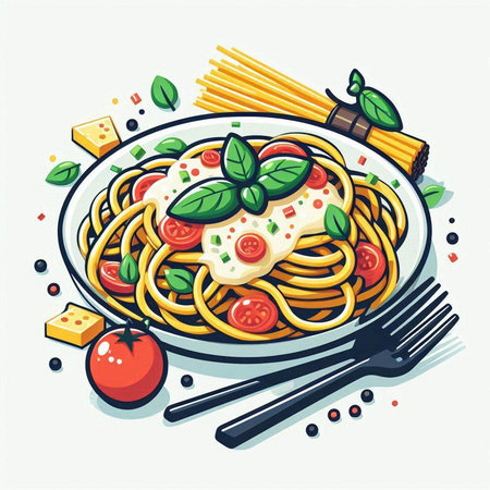 Spaghetti with tomato, mozzarella cheese and basil. Vector illustration.のイラスト素材