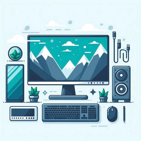 Vector illustration of modern flat design desktop with computer, keyboard, mouse, speaker, plant, screen, video player and other objects.のイラスト素材