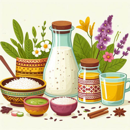 Rice, milk, spices and herbs. Vector illustration in cartoon style.のイラスト素材