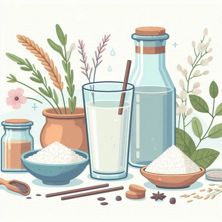 Milk and ingredients. Vector illustration in a flat style. Healthy lifestyle.のイラスト素材