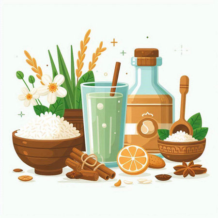 Illustration of a set of ingredients for cooking rice. Vector illustration.のイラスト素材