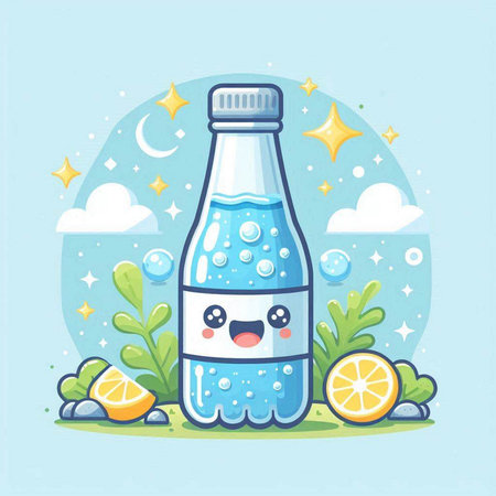 Cute water bottle cartoon character. Vector illustration on blue background.のイラスト素材