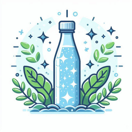 Bottle of water with green leaves. Vector illustration in flat style.のイラスト素材