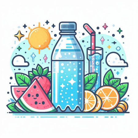 Bottle of watermelon smoothie with ingredients. Vector illustration.のイラスト素材