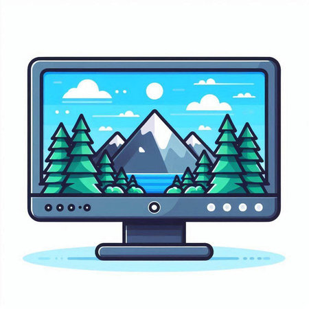 Computer screen with mountains and pine trees. Vector illustration in cartoon styleのイラスト素材