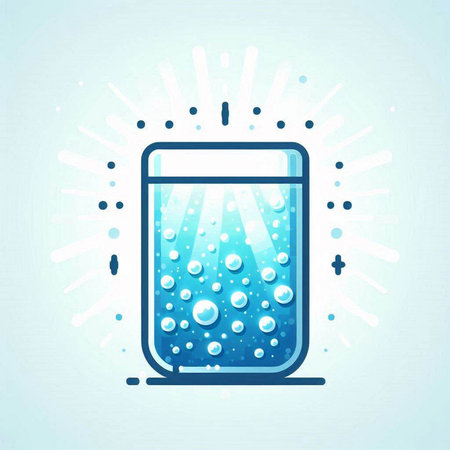 Glass of water with bubbles on light blue background. Vector illustration.のイラスト素材