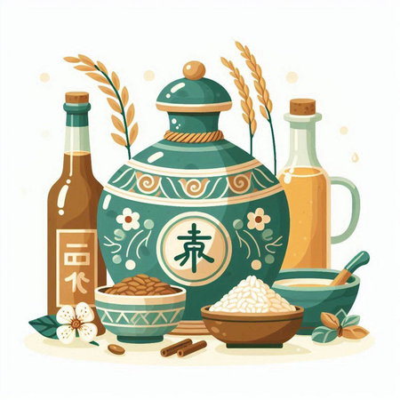 Vector illustration of traditional chinese tea ceremony with teapot, cup, teacup, bowl and barley.のイラスト素材