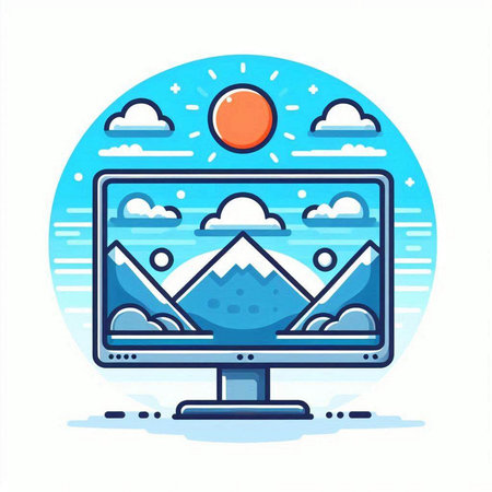 Vector illustration of a computer monitor with a picture of mountains and sun.のイラスト素材