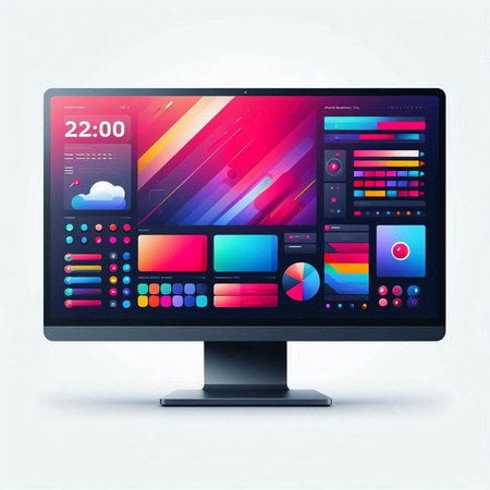 Modern computer monitor with colorful apps on the screen. Vector illustration.のイラスト素材