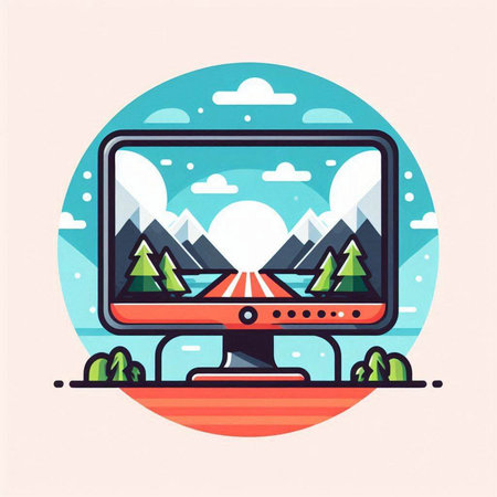 Vector illustration of a computer monitor with mountains in the background. Flat design style.のイラスト素材