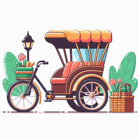 Tuk-tuk with a basket of flowers. Vector illustrationのイラスト素材